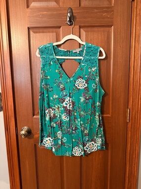 Daniel Rainn Teal Floral Lace-Trim V-Neck Tank